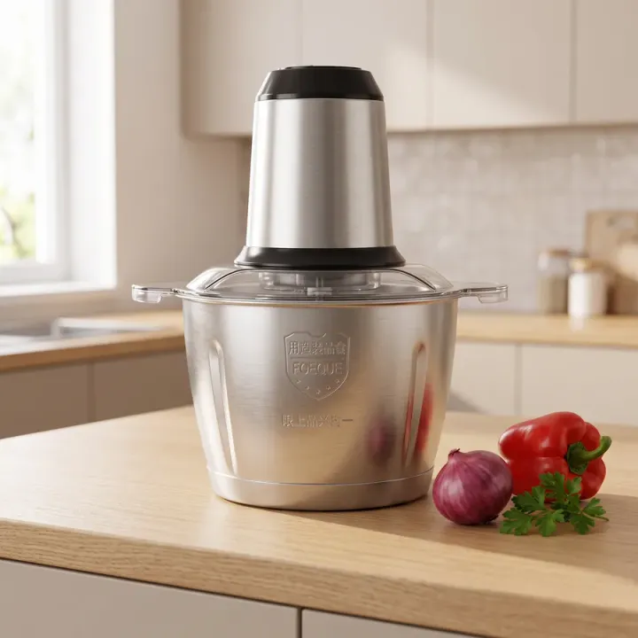 Tocătorul electric cu bol de inox, pe blatul din bucătărie