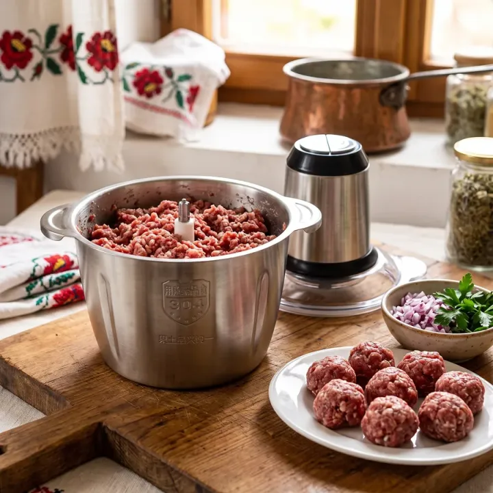 Bolul plin cu carne tocată, lângă chiftele pregătite